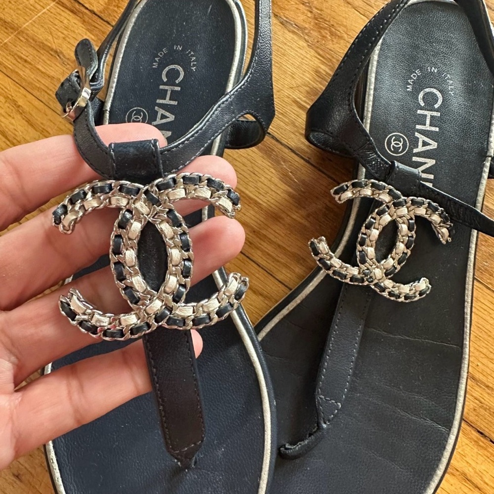 Chanel Black Sandals with Silver Logo - Picture 2 of 4